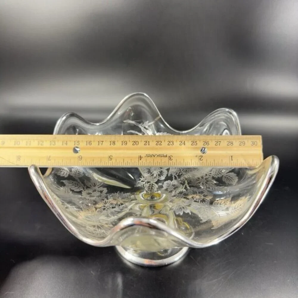 Vintage Viking Clear Footed Dish Bowl With Silver Overlay Flowers Pattern‎ VTG